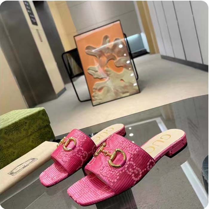 Gucci Women Horsebit Slide Sandal Fuchsia GG Raffia Leather Sole Flat (5)