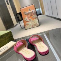 Gucci Women Horsebit Slide Sandal Fuchsia GG Raffia Leather Sole Flat (8)