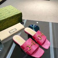 Gucci Women Horsebit Slide Sandal Fuchsia GG Raffia Leather Sole Flat (8)