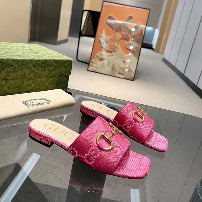 Gucci Women Horsebit Slide Sandal Fuchsia GG Raffia Leather Sole Flat (9)