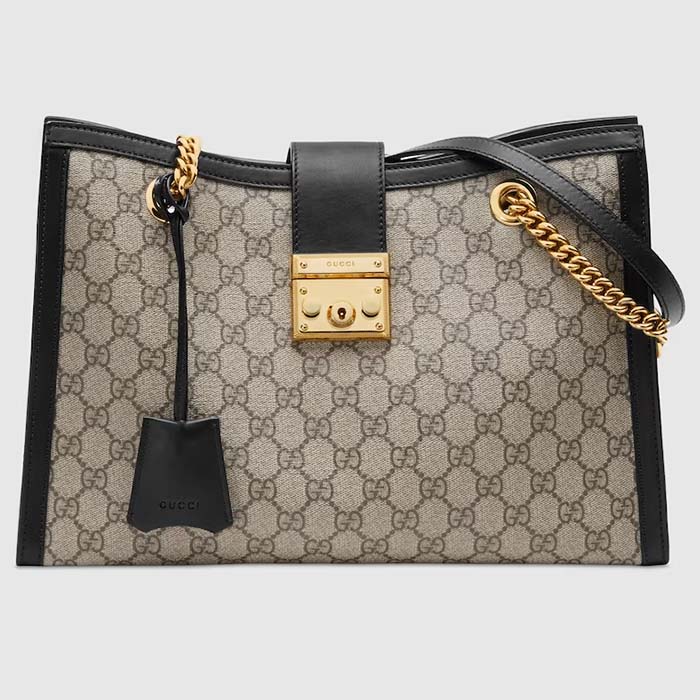 Gucci Women Padlock Medium GG Shoulder Bag Beige Ebony GG Supreme Canvas Black Leather