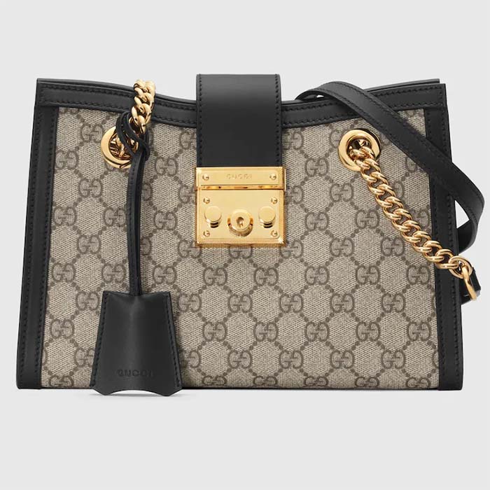 Gucci Women Padlock Small GG Shoulder Bag Beige Ebony GG Supreme Canvas Black Leather