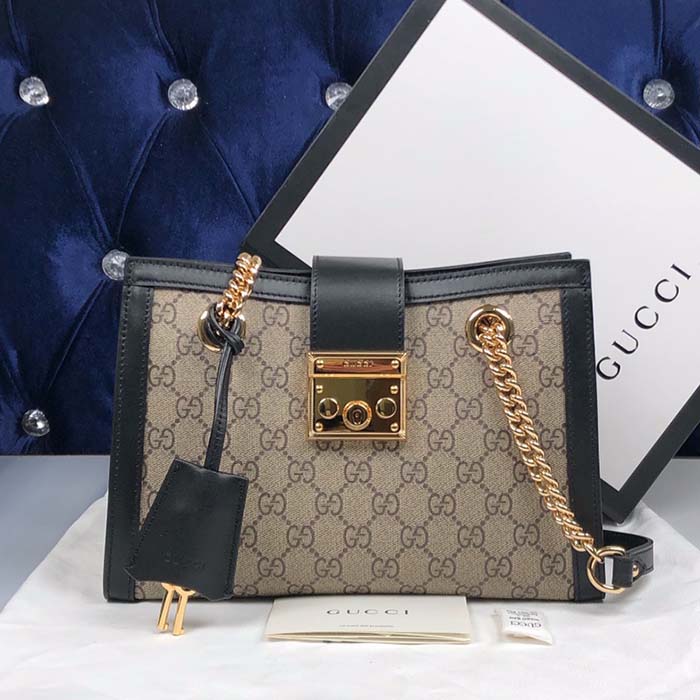 Gucci Women Padlock Small GG Shoulder Bag Beige Ebony GG Supreme Canvas Black Leather (4)
