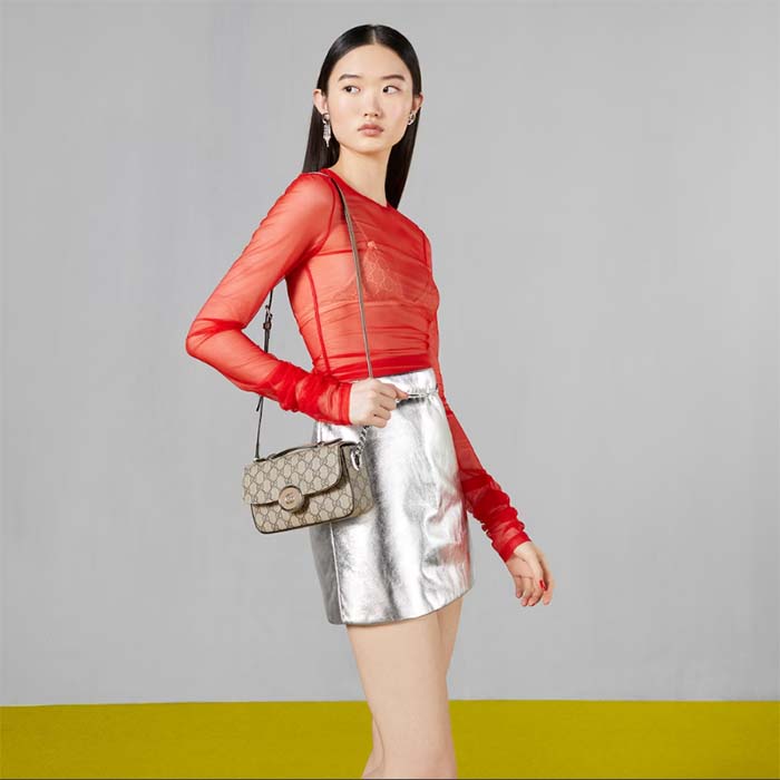 Gucci Women Petite GG Shoulder Bag Mini Beige Ebony GG Supreme Canvas Double G (1)