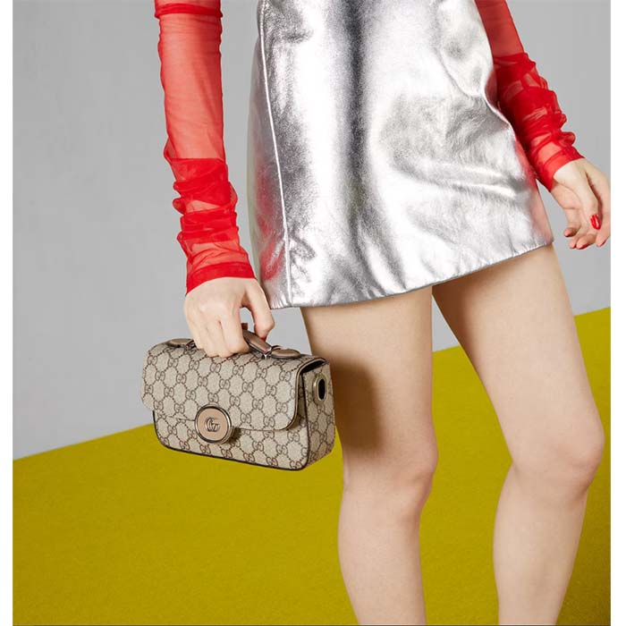 Gucci Women Petite GG Shoulder Bag Mini Beige Ebony GG Supreme Canvas Double G (2)