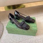 Gucci Women Pump GG Canvas Black Patent Leather Bow Leather Sole Cut-Out Block Heel - Image 2