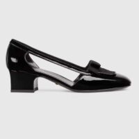 Gucci Women Pump GG Canvas Black Patent Leather Bow Leather Sole Cut-Out Block Heel (4)