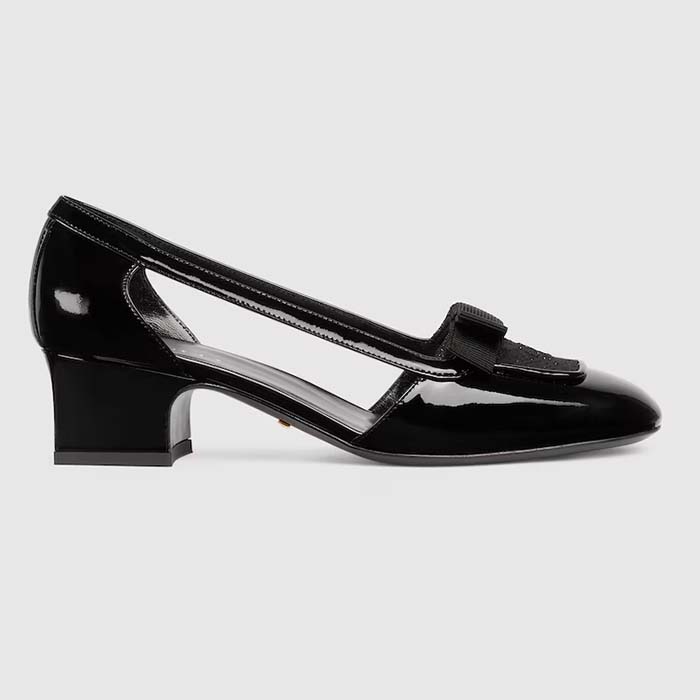 Gucci Women Pump GG Canvas Black Patent Leather Bow Leather Sole Cut-Out Block Heel