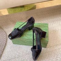 Gucci Women Pump GG Canvas Black Patent Leather Bow Leather Sole Cut-Out Block Heel (4)