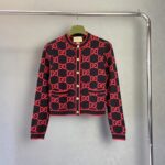Gucci Women Wool Bouclé Jacquard Cardigan Blue Red GG Crewneck Long Sleeves - Image 2