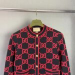 Gucci Women Wool Bouclé Jacquard Cardigan Blue Red GG Crewneck Long Sleeves - Image 4