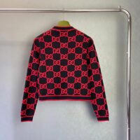 Gucci Women Wool Bouclé Jacquard Cardigan Blue Red GG Crewneck Long Sleeves (5)