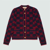 Gucci Women Wool Bouclé Jacquard Cardigan Blue Red GG Crewneck Long Sleeves (5)