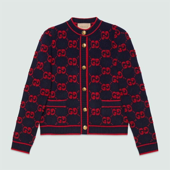 Gucci Women Wool Bouclé Jacquard Cardigan Blue Red GG Crewneck Long Sleeves