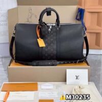 Louis Vuitton LV Unisex Keepall 50 Bandoulière Black Cabin-Size Taiga Cowhide Leather Monogram Eclipse Coated Canvas ( (14)