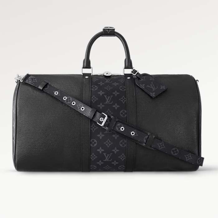 Louis Vuitton LV Unisex Keepall 50 Bandoulière Black Cabin-Size Taiga Cowhide Leather Monogram Eclipse Coated Canvas