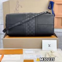 Louis Vuitton LV Unisex Keepall 50 Bandoulière Black Cabin-Size Taiga Cowhide Leather Monogram Eclipse Coated Canvas ( (14)