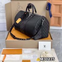 Louis Vuitton LV Unisex Keepall 50 Bandoulière Black Cabin-Size Taiga Cowhide Leather Monogram Eclipse Coated Canvas ( (14)