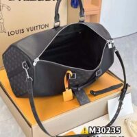 Louis Vuitton LV Unisex Keepall 50 Bandoulière Black Cabin-Size Taiga Cowhide Leather Monogram Eclipse Coated Canvas ( (14)