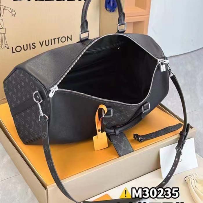 Louis Vuitton LV Unisex Keepall 50 Bandoulière Black Cabin-Size Taiga Cowhide Leather Monogram Eclipse Coated Canvas ( (9)