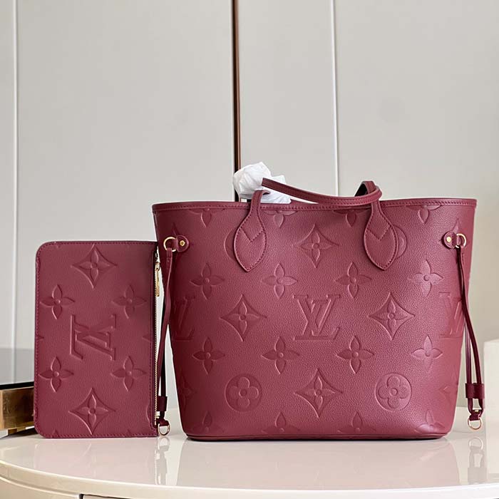 Louis Vuitton LV Unisex Neverfull MM Wine Red Monogram Empreinte Embossed Grained Cowhide Leather (4)
