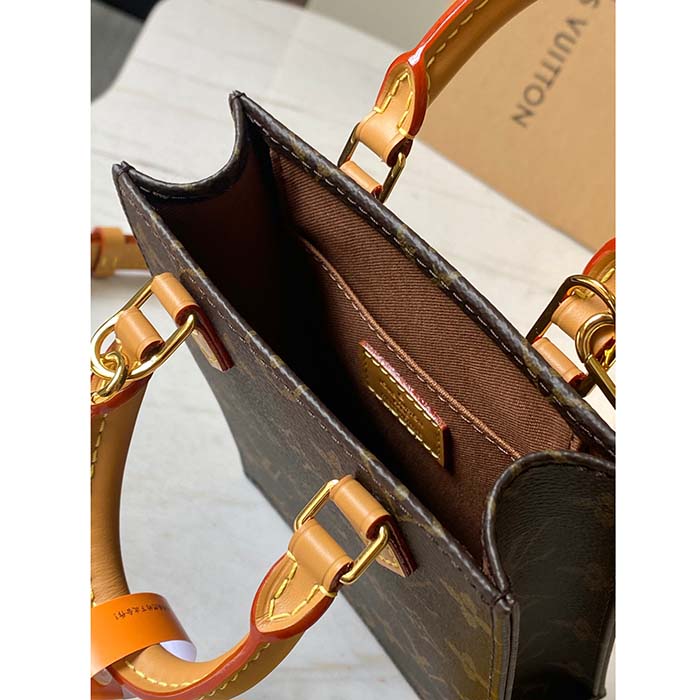 Louis Vuitton LV Unisex Petit Sac Plat Bag Monogram Coated Canvas Aged Natural Cowhide Leather (10)