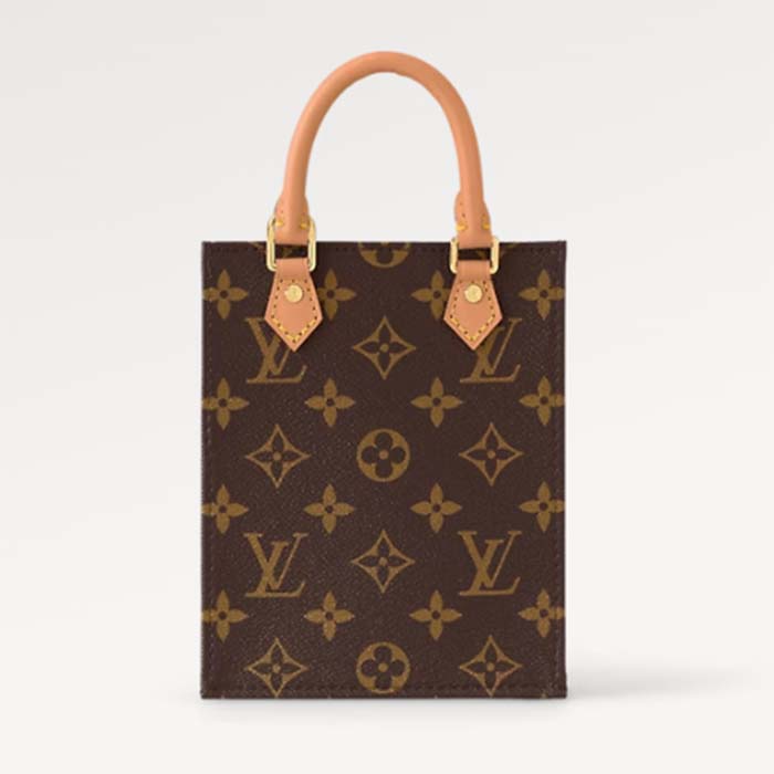 Louis Vuitton LV Unisex Petit Sac Plat Bag Monogram Coated Canvas Aged Natural Cowhide Leather