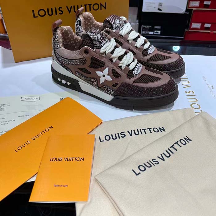 Louis Vuitton LV Unisex Skate Sneaker Brown Mesh Python-Like Embossed Leather Double Laces Rubber (11)