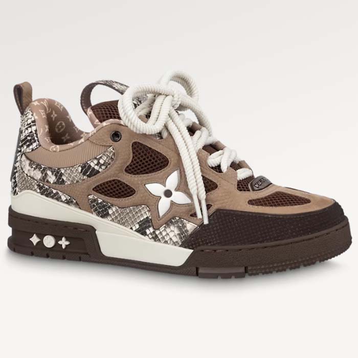 Louis Vuitton LV Unisex Skate Sneaker Brown Mesh Python-Like Embossed Leather Double Laces Rubber