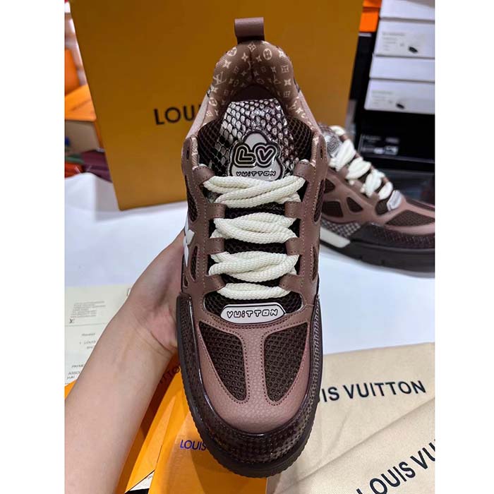Louis Vuitton LV Unisex Skate Sneaker Brown Mesh Python-Like Embossed Leather Double Laces Rubber (3)
