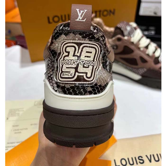 Louis Vuitton LV Unisex Skate Sneaker Brown Mesh Python-Like Embossed Leather Double Laces Rubber (4)