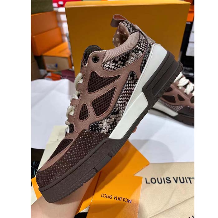 Louis Vuitton LV Unisex Skate Sneaker Brown Mesh Python-Like Embossed Leather Double Laces Rubber (9)