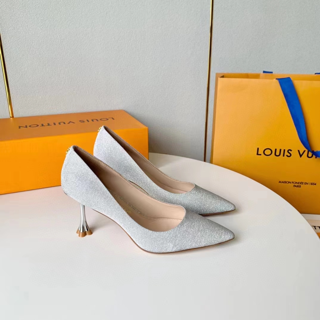 Louis Vuitton LV Women Blossom Pump Silver Textile Leather 9.5 CM Monogram Flower Heel (11)