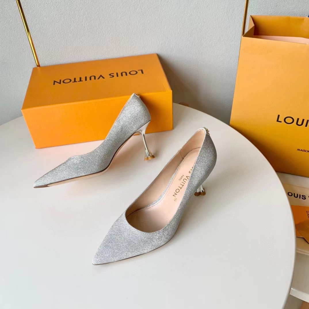 Louis Vuitton LV Women Blossom Pump Silver Textile Leather 9.5 CM Monogram Flower Heel (12)