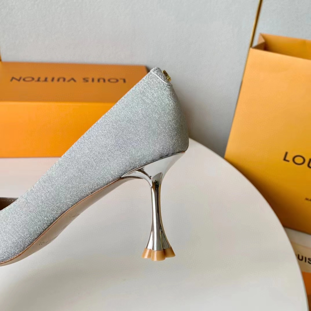 Louis Vuitton LV Women Blossom Pump Silver Textile Leather 9.5 CM Monogram Flower Heel (8)