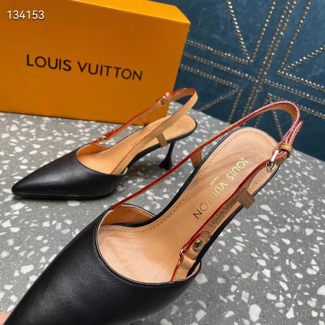 Louis Vuitton LV Women Blossom Slingback Pump Black Lambskin Strap Natural Cowhide Leather (4)