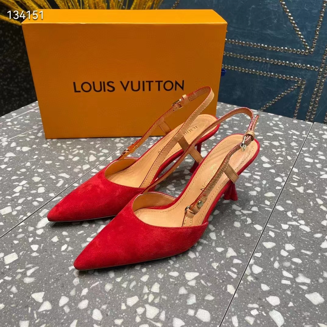Louis Vuitton LV Women Blossom Slingback Pump Red Suede Baby Goat Leather Cowhide (1)