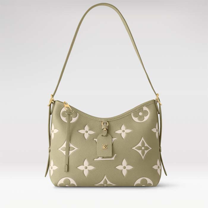 Louis Vuitton LV Women CarryAll PM Bag Light Khaki Cream Monogram Empreinte Embossed Grained Cowhide Leather