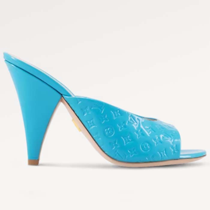 Louis Vuitton LV Women Super Mule Azure Blue Monogram-Debossed Patent Calf Leather 10 CM Heel