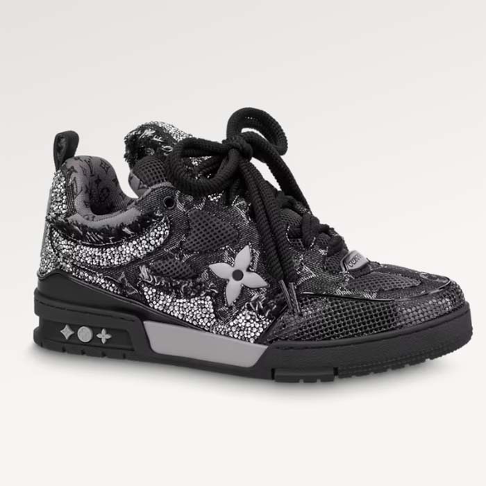 Louis Vuitton Unisex LV Skate Sneaker Black Swarovski Crystals Monogram Denim Double Laces Rubber