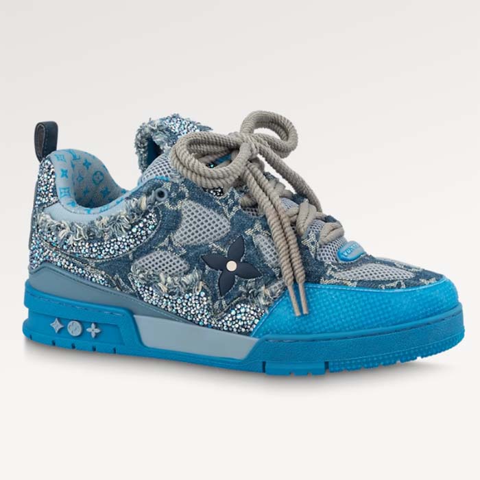 Louis Vuitton Unisex LV Skate Sneaker Blue Swarovski Crystals Monogram Denim Double Laces Rubber