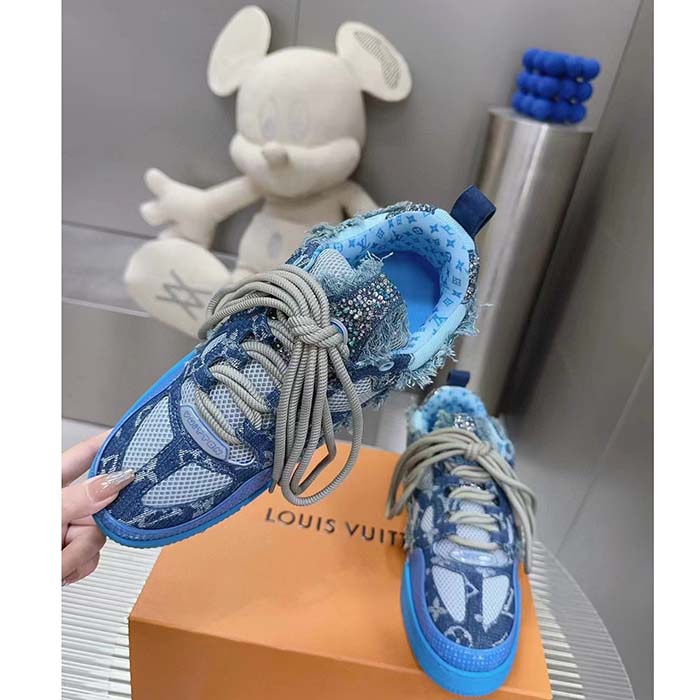 Louis Vuitton Unisex LV Skate Sneaker Blue Swarovski Crystals Monogram Denim Double Laces Rubber (3)
