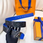 Louis Vuitton Unisex LV Tag 40 MM Reversible Belt Blue Monogram Eclipse Coated Canvas Calf Leather – Image 5