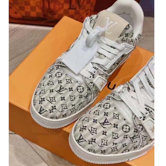Louis Vuitton Unisex LV Trainer Sneaker Beige Monogram Textile Rubber Outsole Initials (1)