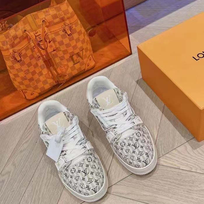 Louis Vuitton Unisex LV Trainer Sneaker Beige Monogram Textile Rubber Outsole Initials (15)