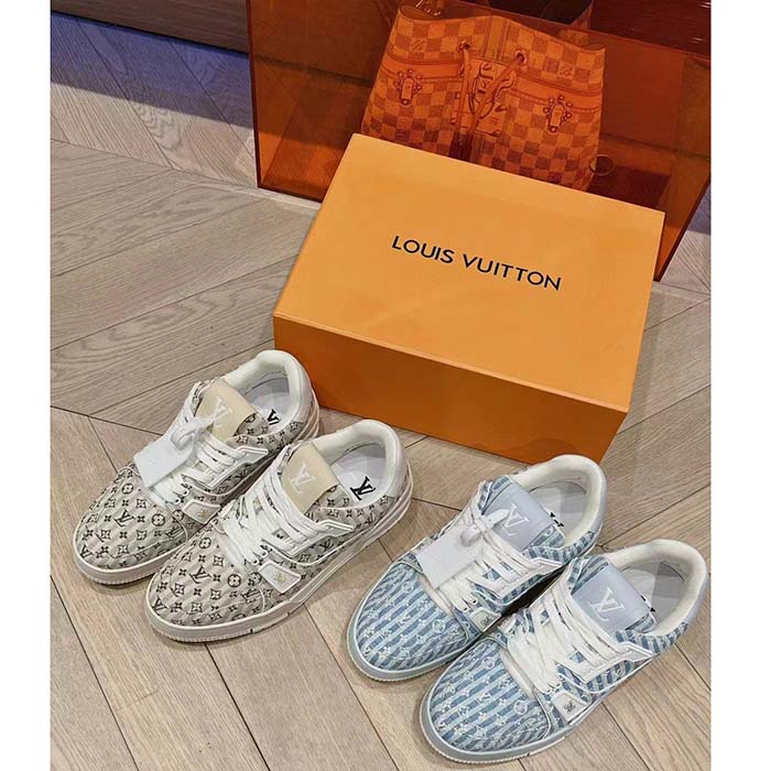 Louis Vuitton Unisex LV Trainer Sneaker Beige Monogram Textile Rubber Outsole Initials (7)