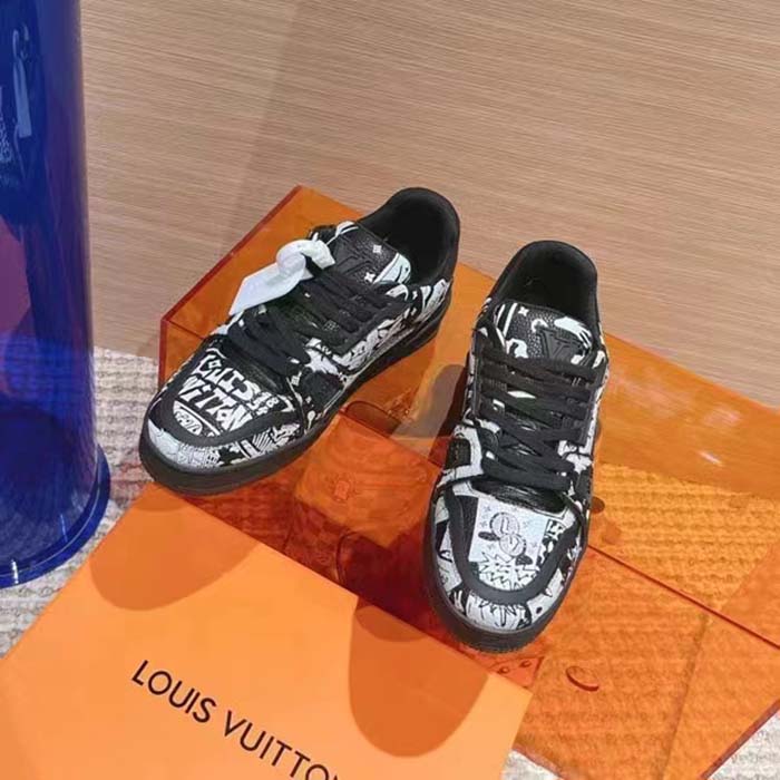 Louis Vuitton Unisex LV Trainer Sneaker Black Printed Canvas Rubber Outsole Monogram Flowers (3)