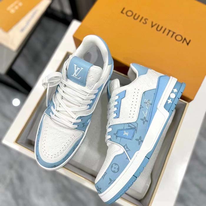 Louis Vuitton Unisex LV Trainer Sneaker Blue Mix Materials Rubber Initials Monogram Flowers (4)