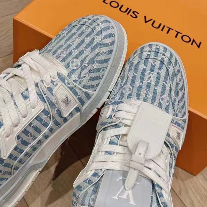 Louis Vuitton Unisex LV Trainer Sneaker Blue Monogram Textile Rubber Outsole Initials (1)