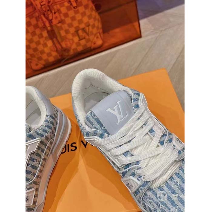 Louis Vuitton Unisex LV Trainer Sneaker Blue Monogram Textile Rubber Outsole Initials (13)